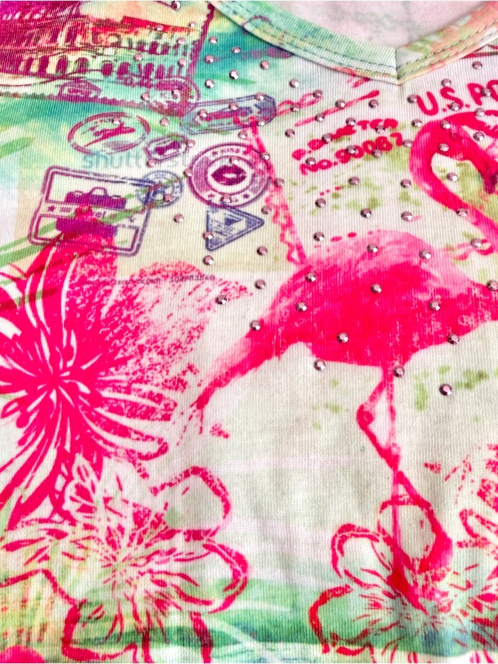 Coral Bay Woman Short Sleeve Shirt 1X Flamingo Colorful V Neck Resort Summer - Picture 4 of 8